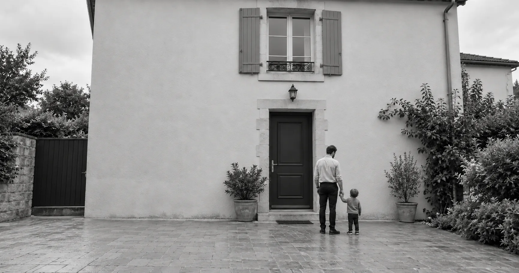 un père et son fils qu'il tient par la main - illustration en noir et blanc
